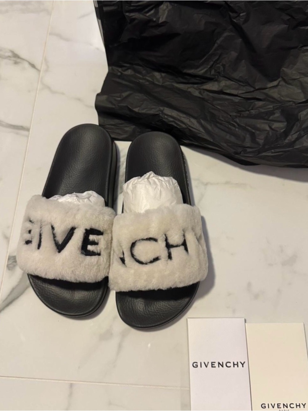 Givenchy Black Slide Sandals with White Faux-Fur Logo Strap